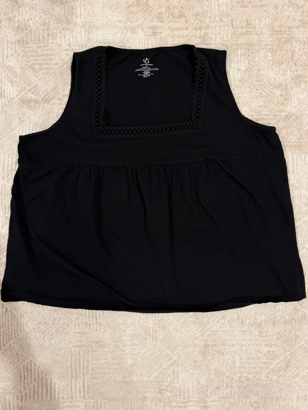 Organic Generation Black Sleeveless Tunic Top 2X Boho Crochet Detail Cotton